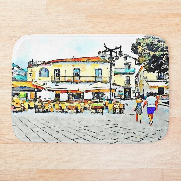 Item preview, Ravello: two tourists strolling in the square near a restaurant  designed and sold by Giuseppe Cocco.