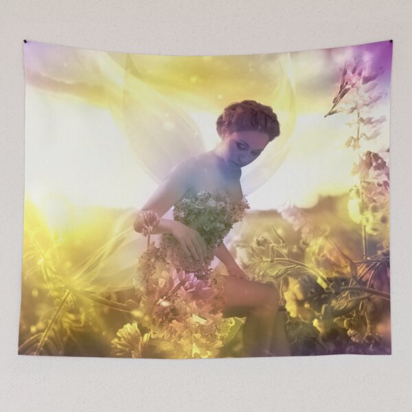 Item preview, Pretty Rainbow Pastel Color Fairy Picking Flowers Print designed and sold by Mary Riley.