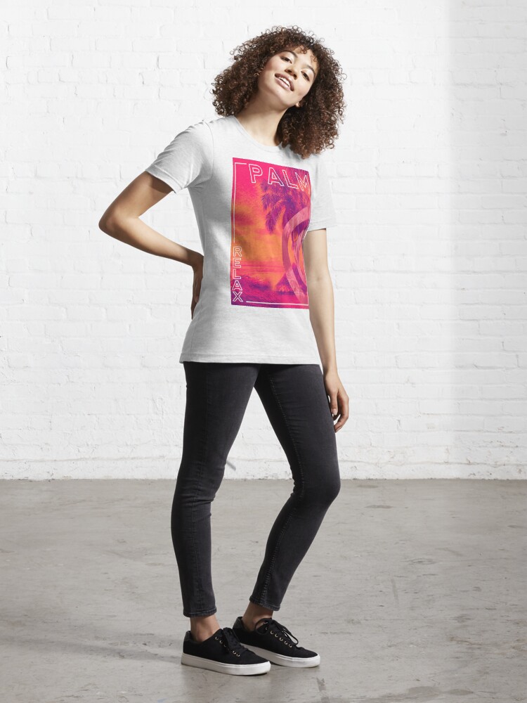Thumbnail 4 of 7, Essential T-Shirt, Palm inverse style - beach, relax - pink sunset at sea designed and sold by Butterfly-Dream.