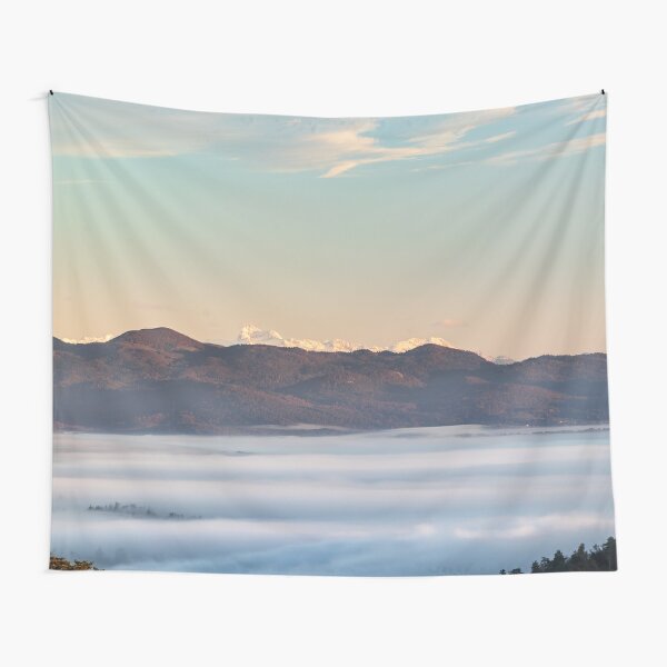 Majestic mountain Triglav with fog in valley Tapestry
