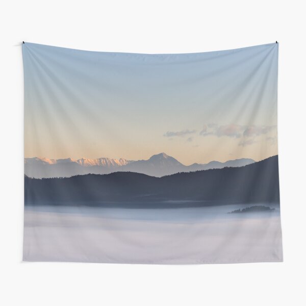 Slovenian mountains and morning fog in valley Tapestry