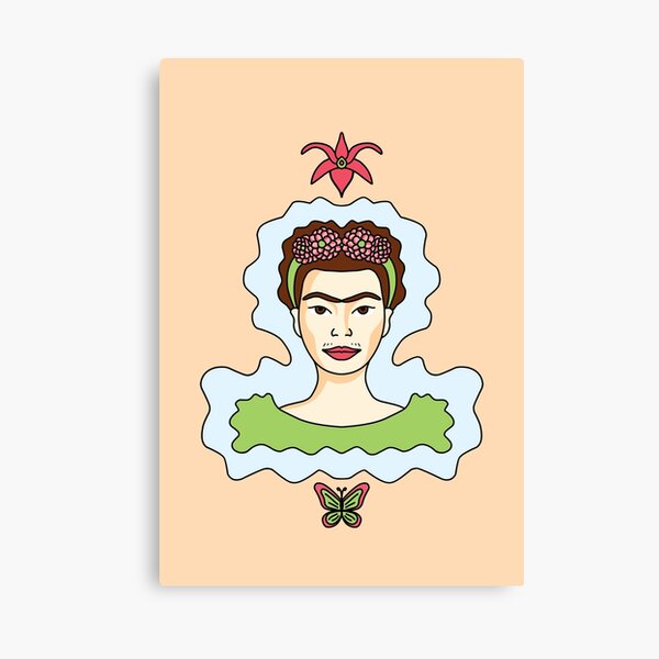 Cute Cartoon Frida Kahlo portrait with butterfly and orchid - pink and green Canvas Print