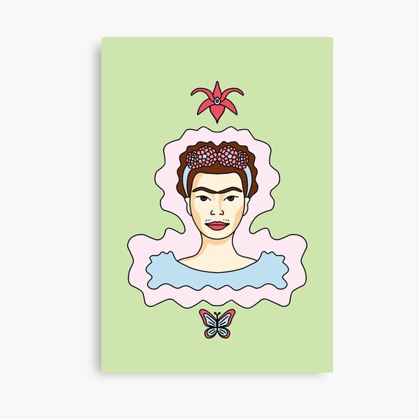 Cute Cartoon Frida Kahlo portrait with butterfly and orchid - pink and blue Canvas Print
