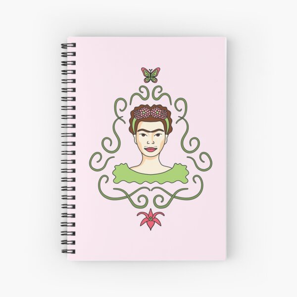Cute Cartoon Frida Kahlo portrait with butterfly and orchid - pink and green Spiral Notebook