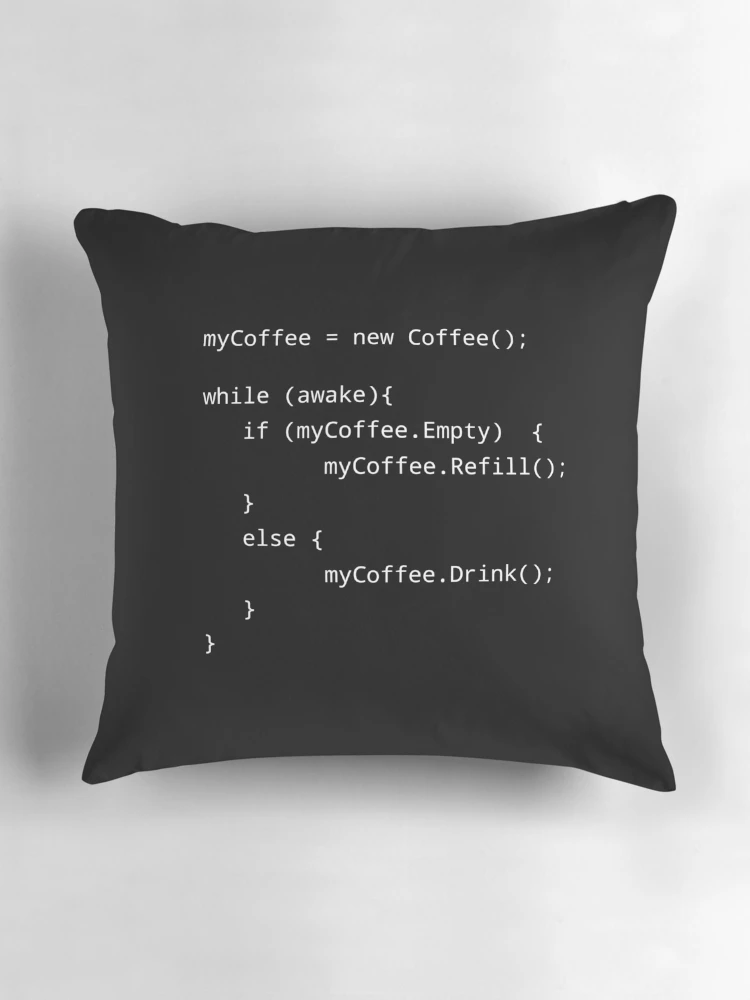Aperçu 3 sur 4. Coussin avec l'œuvre Programmeur Coffee Java Code créée et vendue par Beepymallow.
