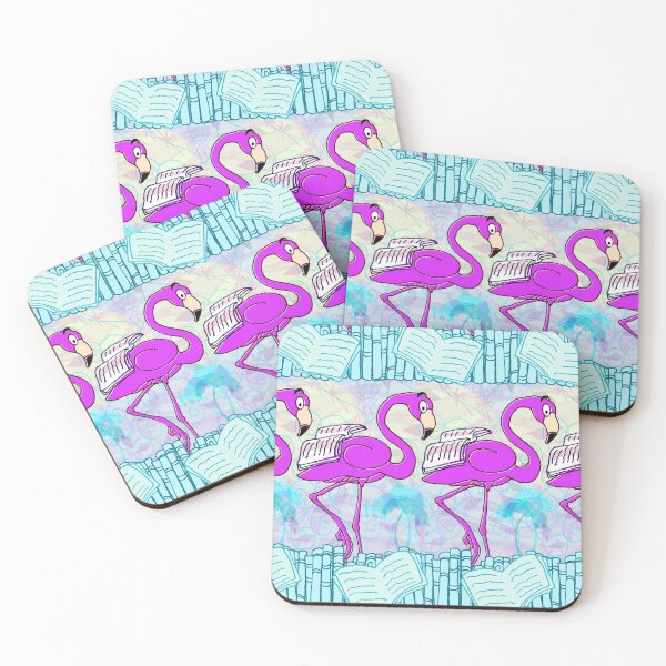 Aperçu de l'œuvre Flamingo Book Club Literary Flamingos - in Book Ocean with Palms - Rose vif, tons bleus créée et vendue par ArgyleImp.