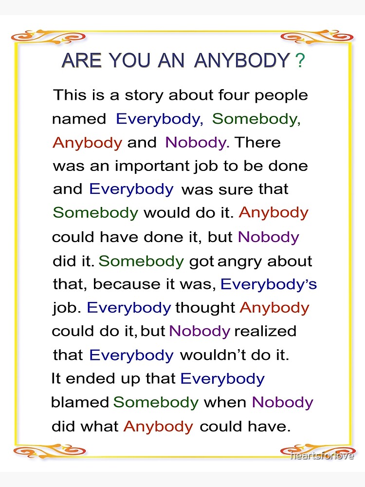 The Story Of Everybody Somebody Anybody And Nobody Poster For Sale