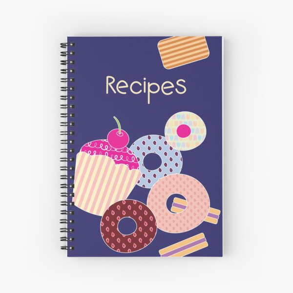 *Recipes* cover design with Cake, Donuts, Biscuits icon, blue background Spiral Notebook