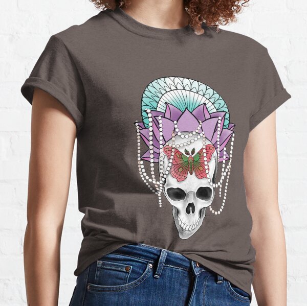 Ornate Lotus Skull and Moth Classic T-Shirt