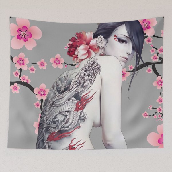 Item preview, Classic style Asian female with a dragon tattoo and flowers on her back. designed and sold by Joel Roque.