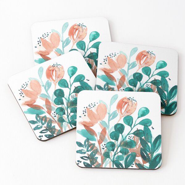 Item preview, Teal Eucalyptus Leaves and Orange Flowers designed and sold by EmDamArt.