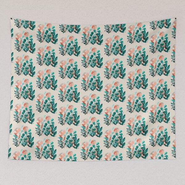 Item preview, Teal Eucalyptus Leaves and Orange Flowers designed and sold by EmDamArt.