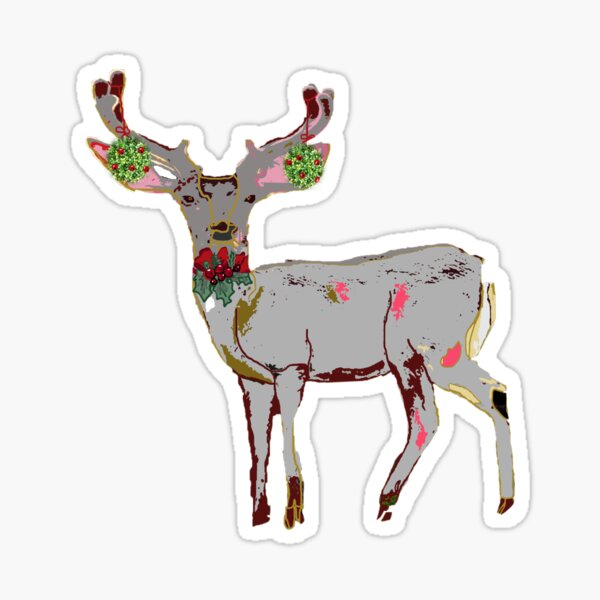 Christmas Deer Pink and Grey Deer with Antlers and holly Sticker