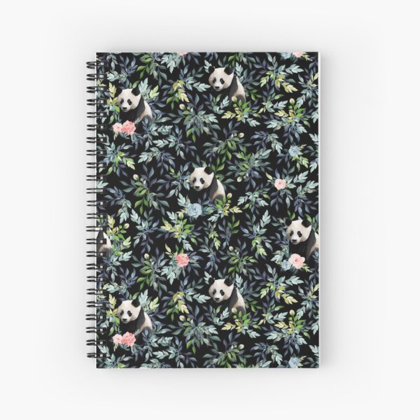 Floral Panda Pattern with Pink and Blue Roses Spiral Notebook