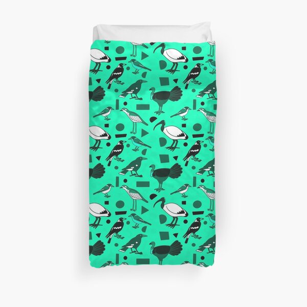 Monochrome Birds of Brisbane, teal Duvet Cover