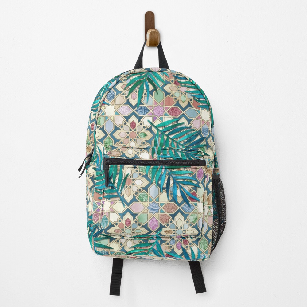 Muted Moroccan Mosaic Tiles with Palm Leaves Backpack