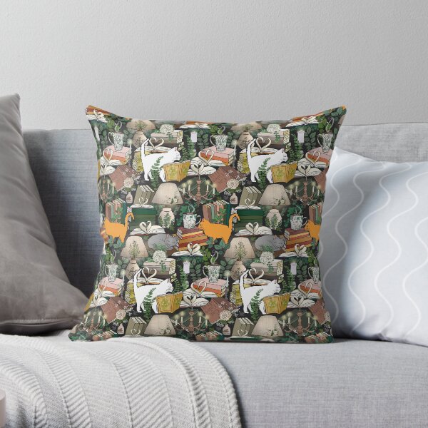 Cozy Cat Cafe and Bookstore Throw Pillow