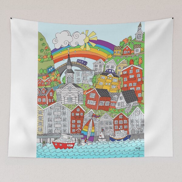Item preview, Bryggen - Whimsical Autumnal Street Scene Based on Bergen, Norway designed and sold by LouiseFranksArt.