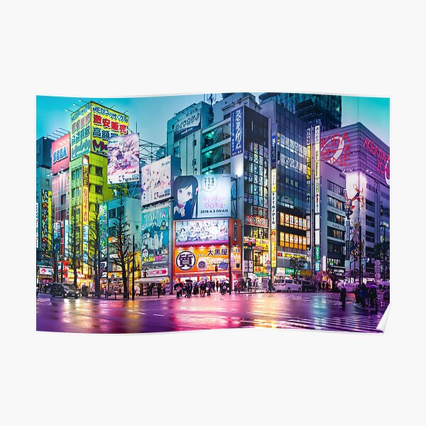 Anime Akihabara Neon Dream many colourful reflection on the wet streets Poster