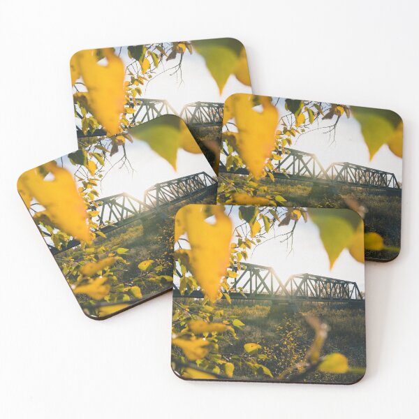 Item preview, Autumn Leaves and Sunrise Over Steel Truss Bridge designed and sold by JonesyDave.