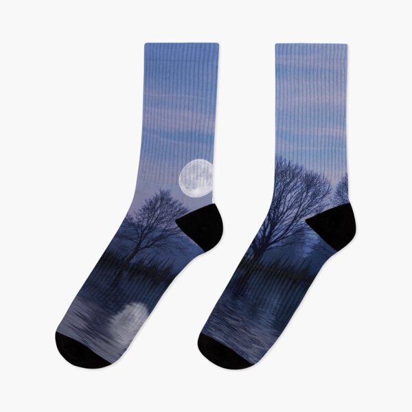 Item preview, Riverside midnight, sunset sky, lilac, blue sky, full moon, northern lights, lake side pines, winter hill side, bestseller designed and sold by August-E.