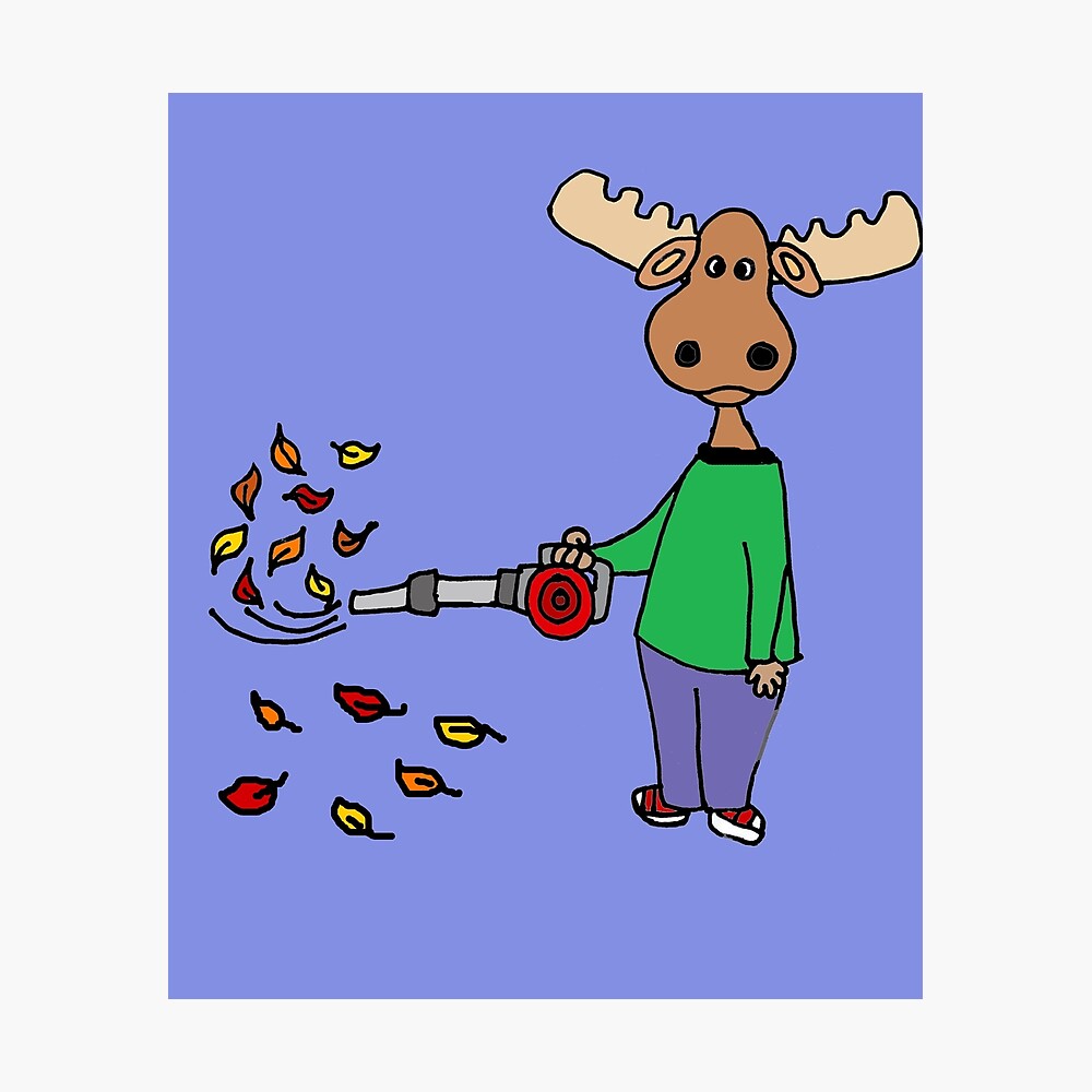 Funny Moose using Leaf Blower Cartoon