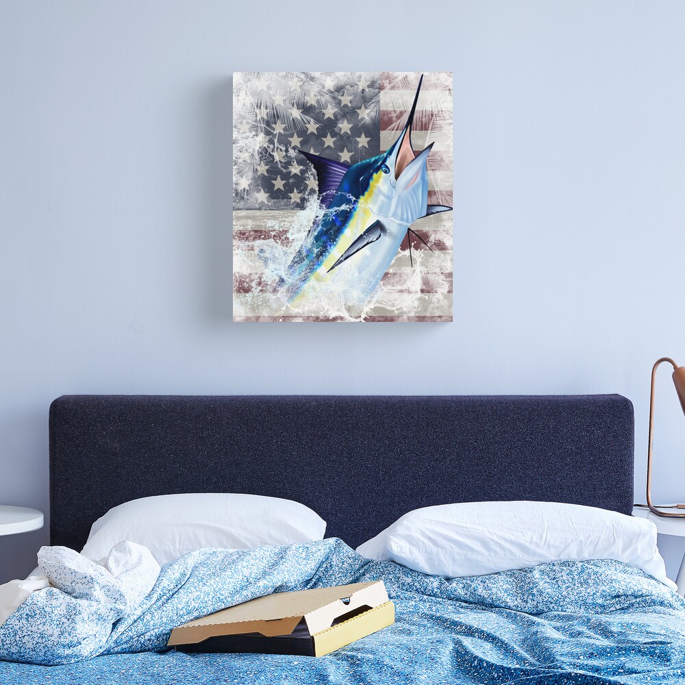 Blue Marlin with US Flag Canvas Print
