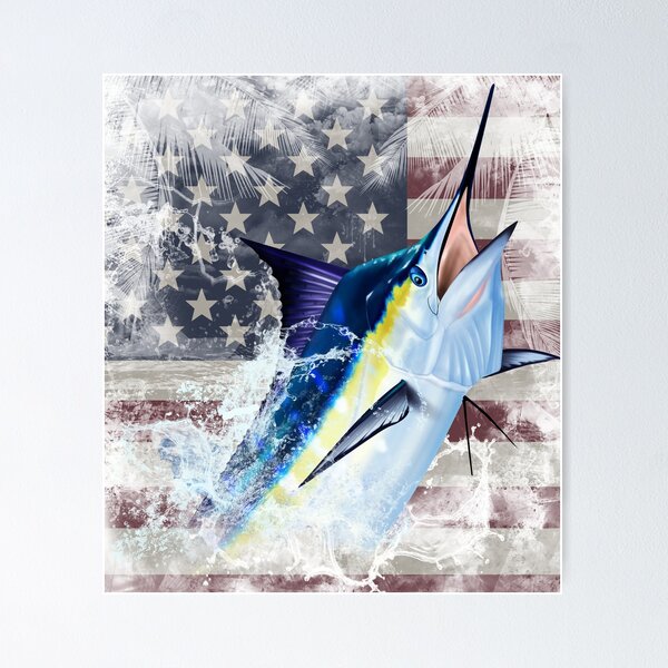 Vista previa del artículo con la obra «Marlin azul con bandera estadounidense», diseñado y vendido por Mary Tracy.