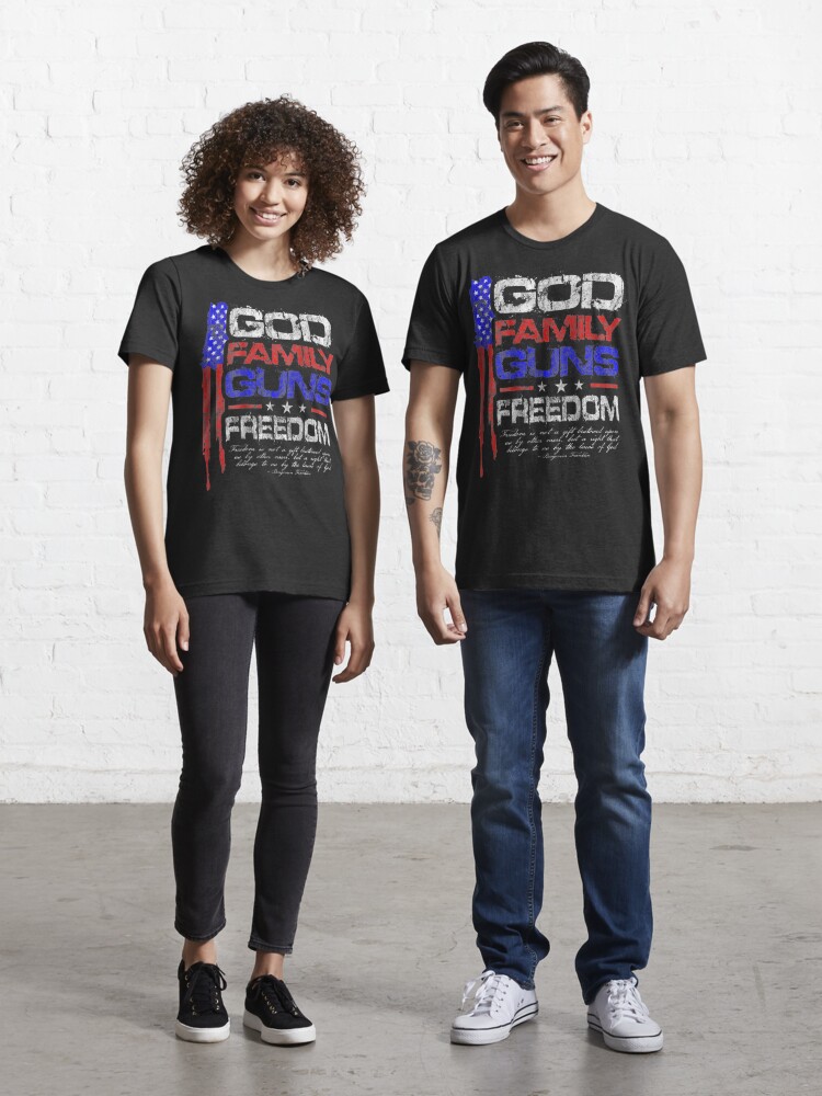 God, Family, Guns, Freedom Conservative American Flag | Essential T-Shirt