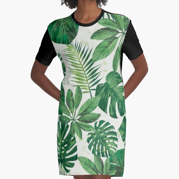 Tropical Palm Leaf Seamless Pattern, Sea Sand, Cream, Mineral Green, Gothic Gray , Avocado, Black Olive. Graphic T-Shirt Dress