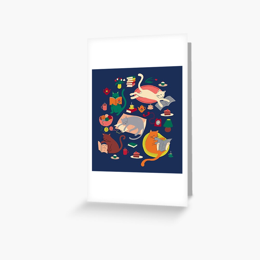Cosy cats reading - cute cat pattern by Cecca Designs Greeting Card