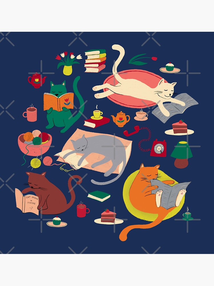 Thumbnail 3 of 3, Sticker, Cosy cats reading - cute cat pattern by Cecca Designs designed and sold by Cecca-Designs.