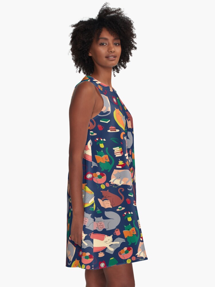 Alternate view of Cosy cats reading - cute cat pattern by Cecca Designs A-Line Dress
