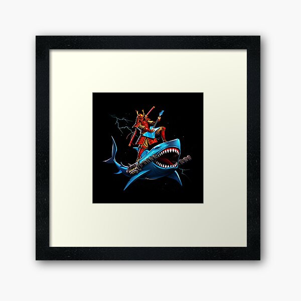 samurai surfing on a shark in space Framed Art Print