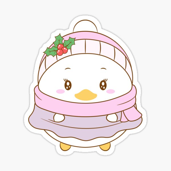 Merry Christmas cute duck drawing with Christmas berry hat and pink scarf for winter season Sticker