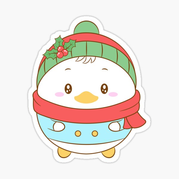 Merry Christmas cute duck drawing with Christmas berry hat and pink scarf for winter season Sticker