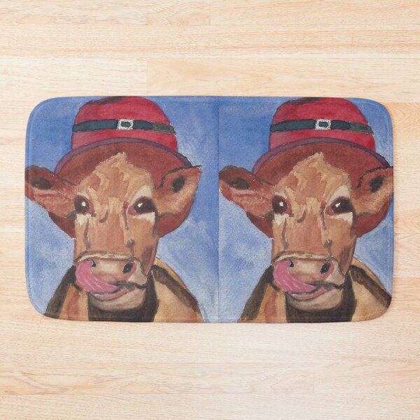 Item preview, Broadway Bessie Cow Licking its Lips wearing a Red Buckled Hat designed and sold by AliCatOriginals.