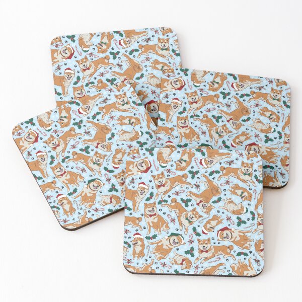 Item preview, Vector blue christmas shiba inu dogs seamless pattern with holly and candy canes and paw prints.  designed and sold by jamiesoondesign.