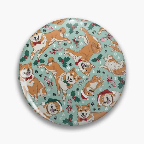 Item preview, Vector green christmas shiba inu dogs seamless pattern with holly and candy canes and paw prints.  designed and sold by jamiesoondesign.