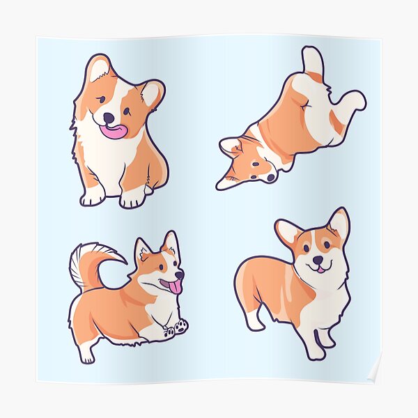 “Cute Pembroke Welsh Corgi Dogs Kawaii Cartoon Pack” Poster for Sale by