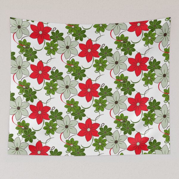 Item preview, Chelsea Flower Show, floral print, red and green on a white background designed and sold by Susan Marie Williams.