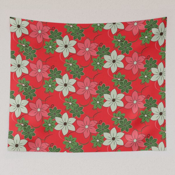 Item preview, Chelsea Flower Show, floral print, pink and green on a red background designed and sold by Susan Marie Williams.