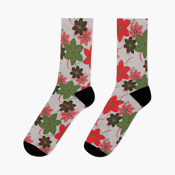 Item preview, Chelsea Flower Show, floral print, red, pink and green on a taupe background designed and sold by Susan Marie Williams.