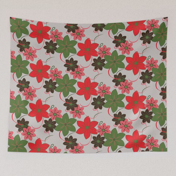 Item preview, Chelsea Flower Show, floral print, red, pink and green on a taupe background designed and sold by Susan Marie Williams.