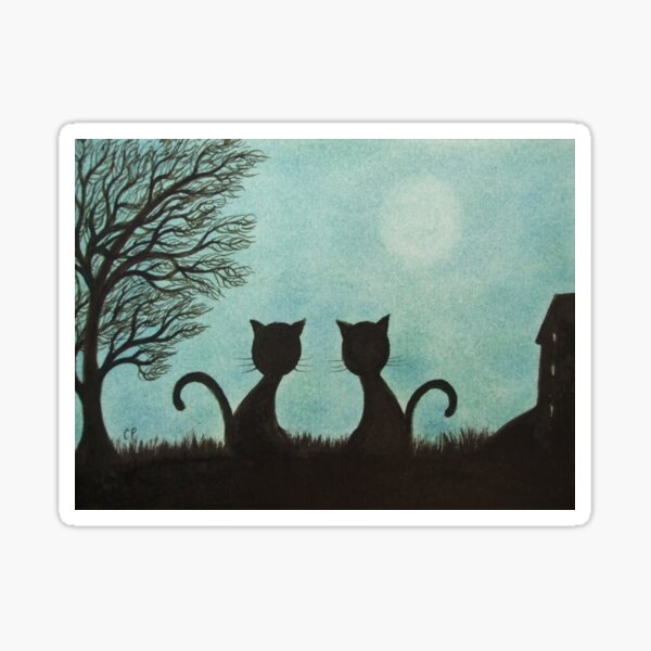 "Cats Silhouettes with Tree Moon and stars Cat Art" Sticker for Sale