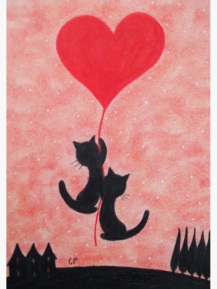 Carte De Vœux Chats Et Coeur Chats D Amour Deux Chats Avec Ballon Coeur Par Claudineperonne Redbubble