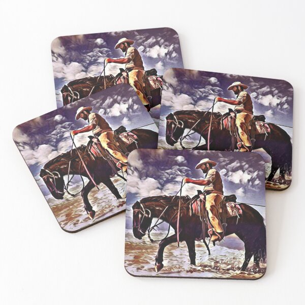 Item preview, Surreal colourful cowboy rodeo horseman beach riding nature painting. designed and sold by Imaginarium Studio.
