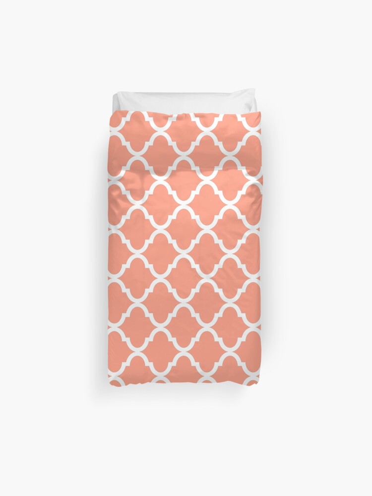 Coral Pink White Quatrefoil Pattern Duvet Cover By Dreamingmind