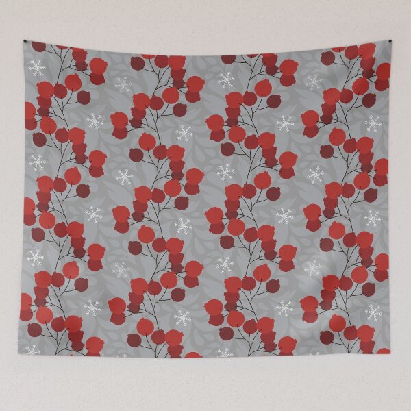 Item preview, Red winter berries on gray background designed and sold by floraaplus.