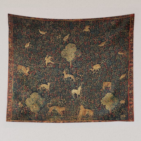 Item preview, UNICORN AND MEDIEVAL BESTIARY Millefleurs Red Green Floral Tapestry ,Forest Animals, designed and sold by BulganLumini.